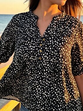 Cocomo Plus Size 2X Stretch Black & White Polka Dot Print Blouse Top 3/4 Sleeve